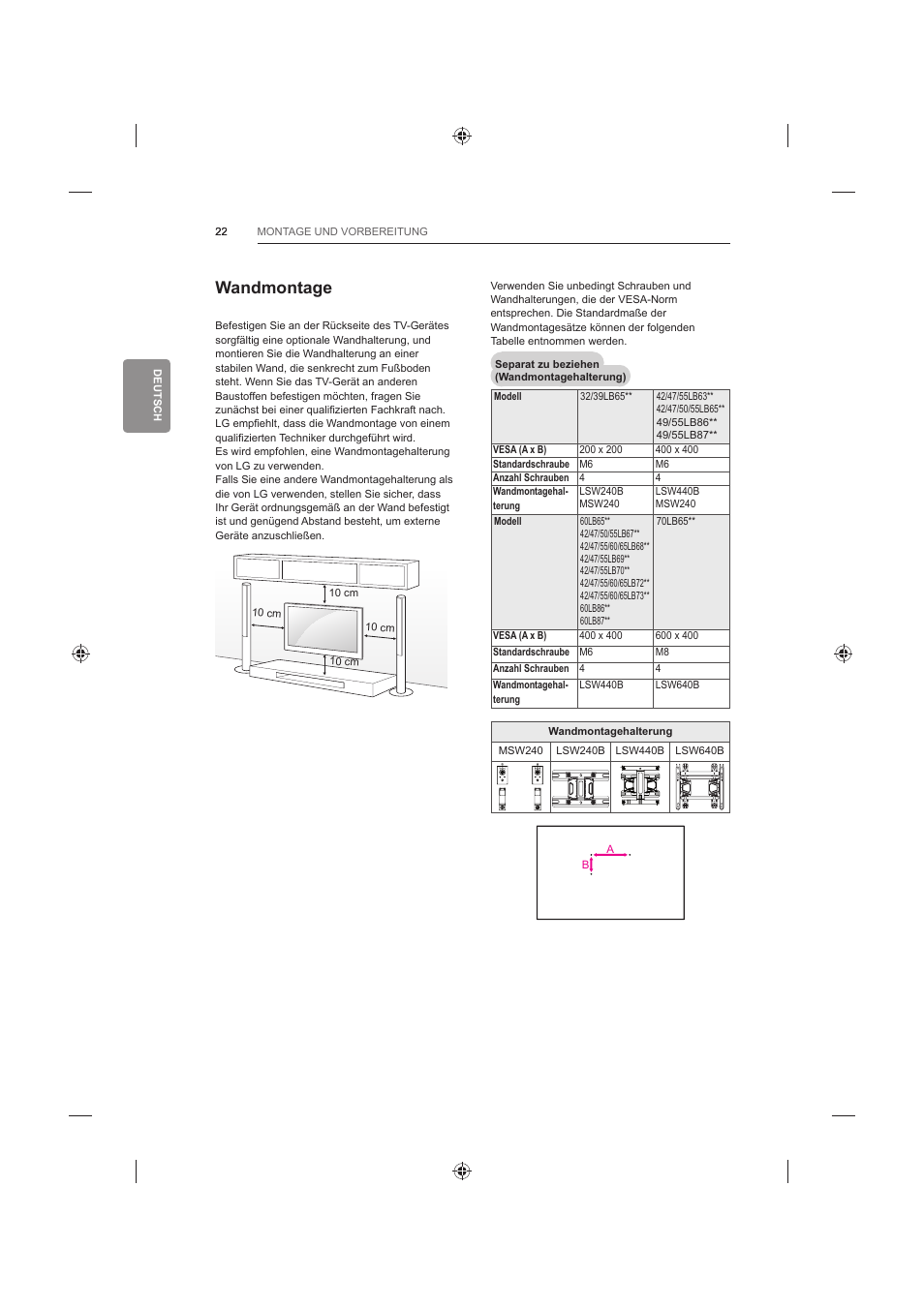 Wandmontage | LG 42LB652V User Manual | Page 102 / 360