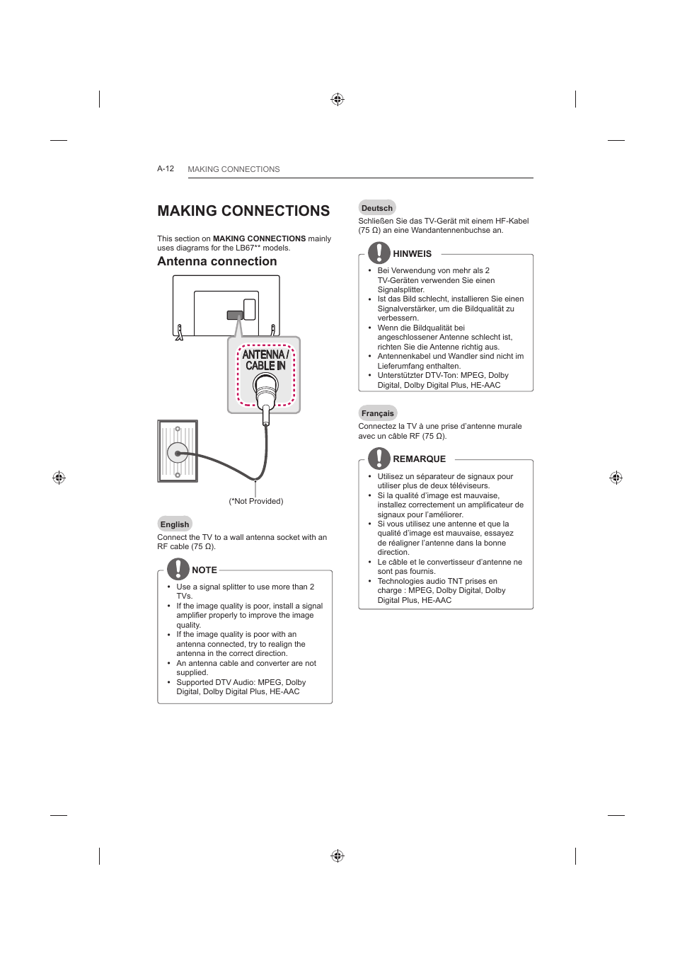 Making connections, Antenna connection, Antenna / cable in | LG 42LB652V User Manual | Page 12 / 360