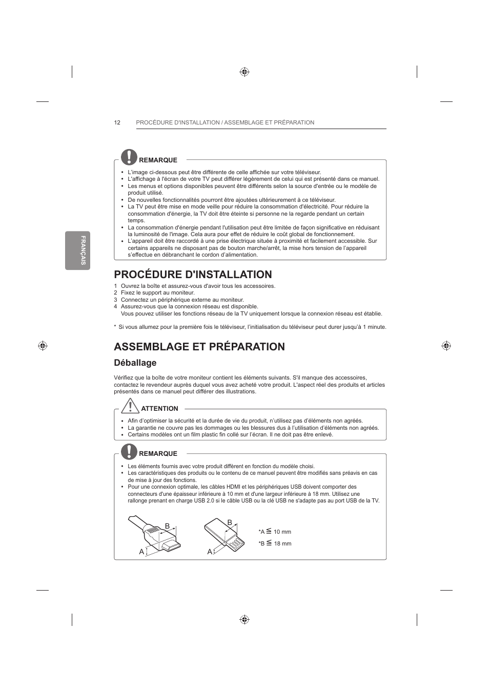 Procédure d'installation, Assemblage et préparation, Déballage | LG 42LB652V User Manual | Page 124 / 360