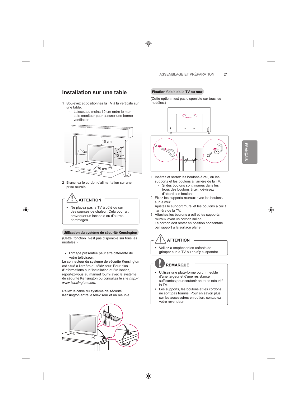 Installation sur une table | LG 42LB652V User Manual | Page 133 / 360