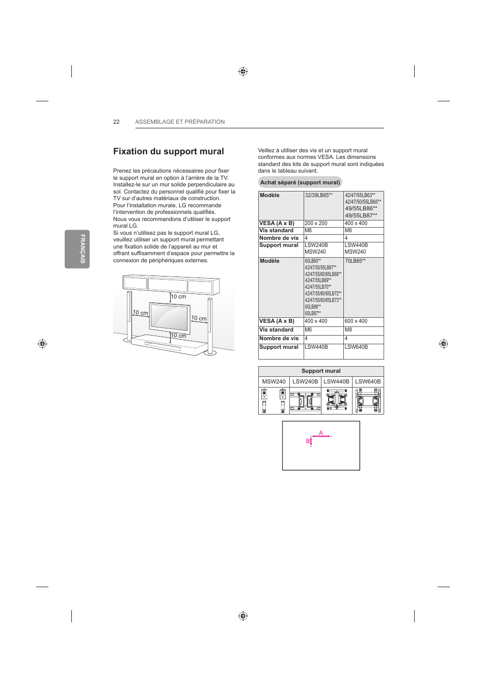 Fixation du support mural | LG 42LB652V User Manual | Page 134 / 360