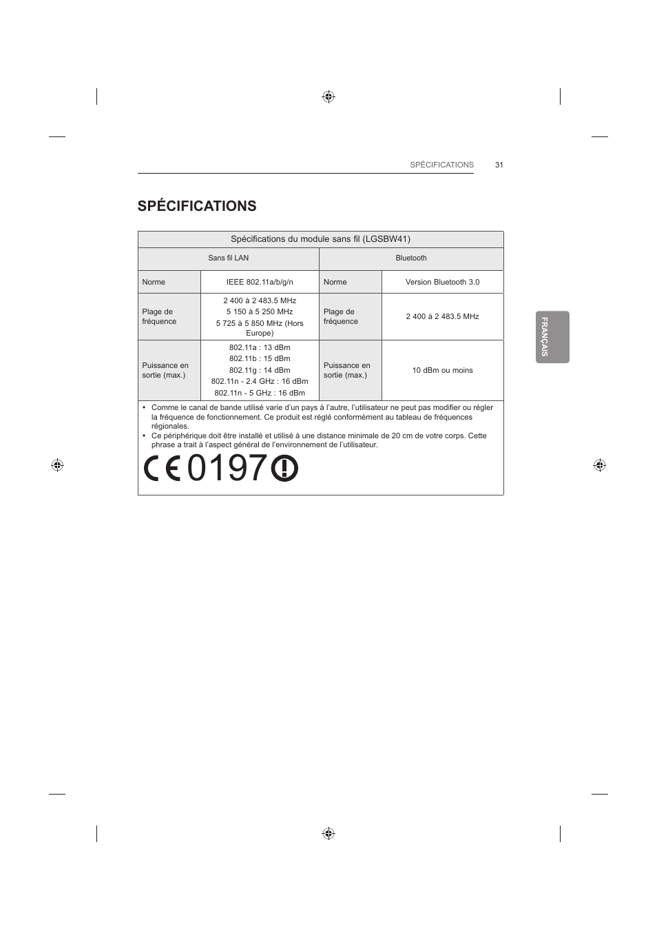 Spécifications | LG 42LB652V User Manual | Page 143 / 360
