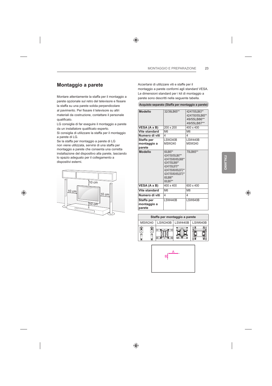 Montaggio a parete | LG 42LB652V User Manual | Page 167 / 360
