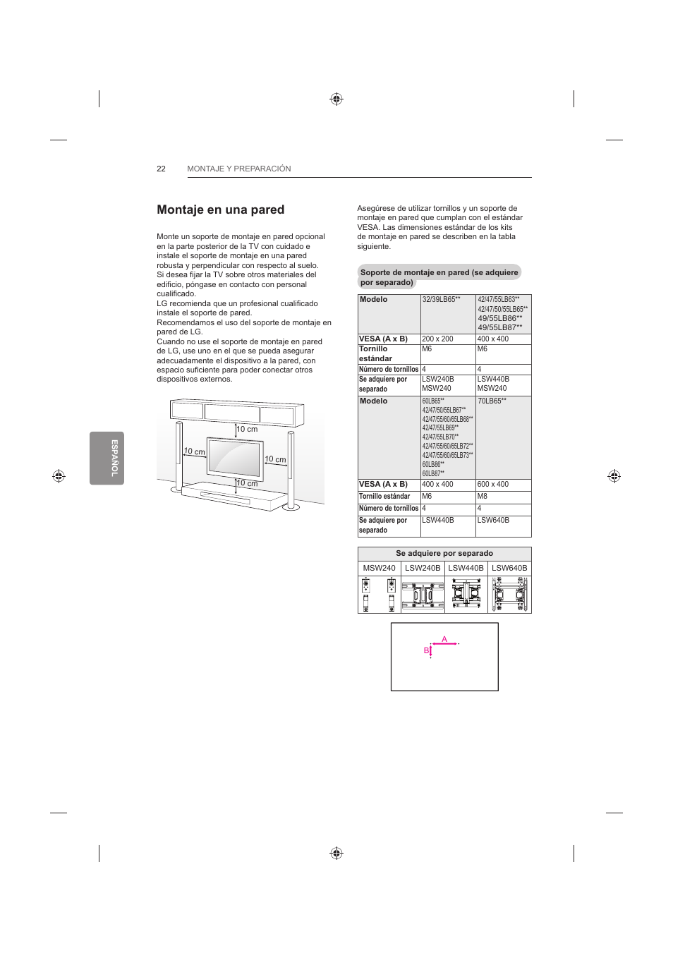 Montaje en una pared | LG 42LB652V User Manual | Page 210 / 360