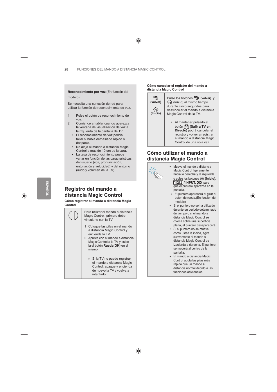 Cómo utilizar el mando a distancia magic control, Registro del mando a distancia magic control | LG 42LB652V User Manual | Page 216 / 360