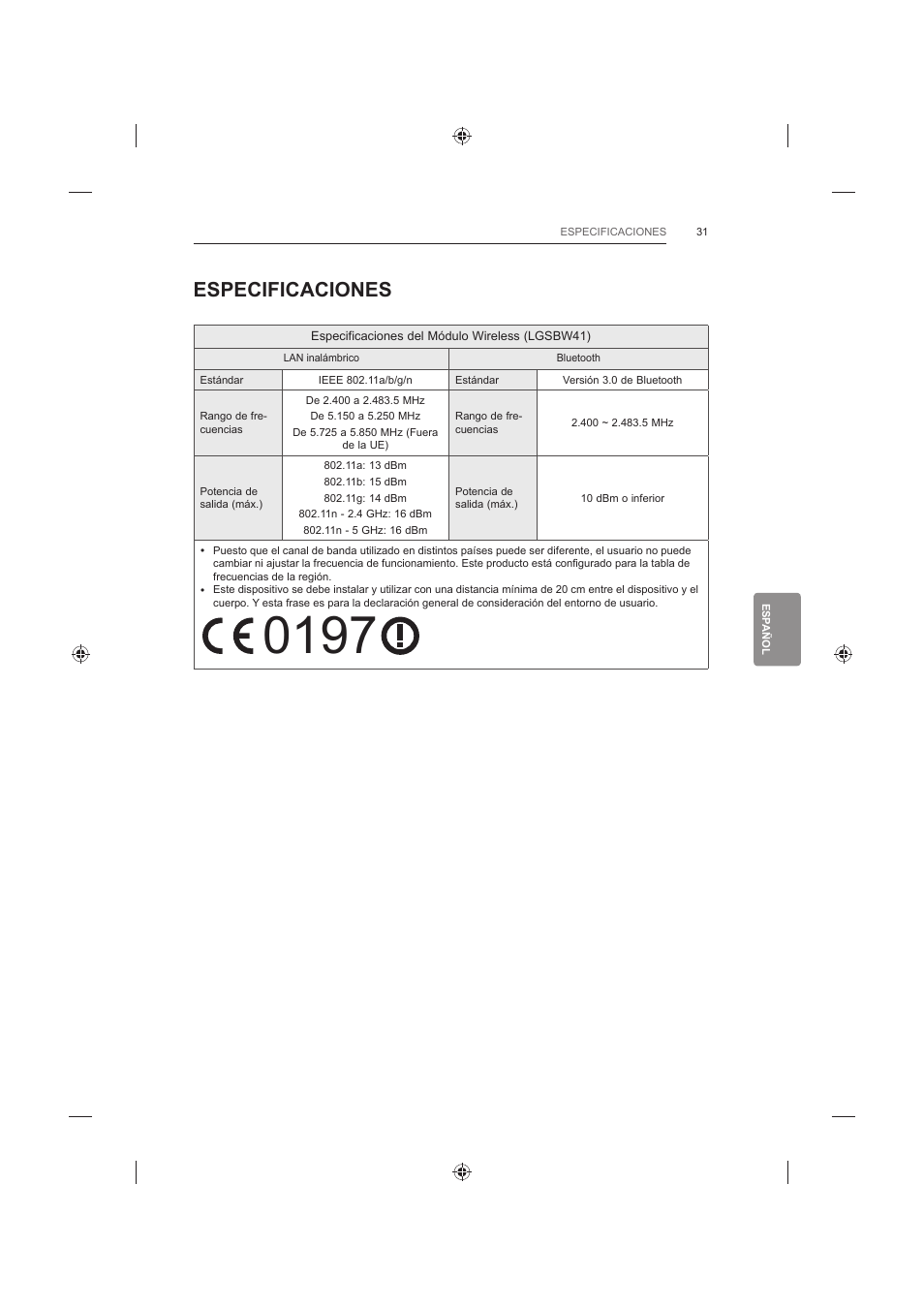 Especificaciones | LG 42LB652V User Manual | Page 219 / 360
