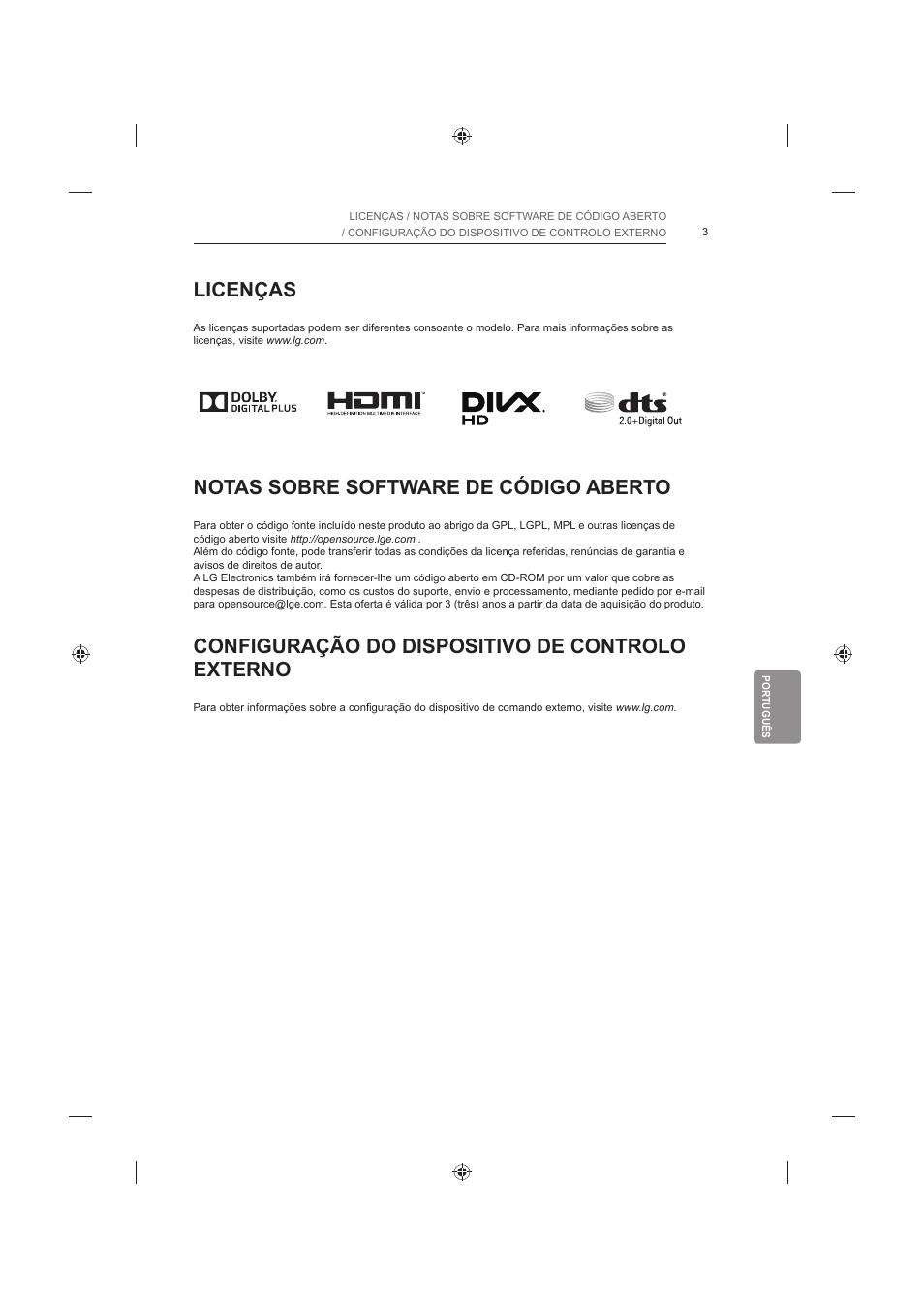 Licenças, Notas sobre software de código aberto, Configuração do dispositivo de controlo externo | LG 42LB652V User Manual | Page 223 / 360