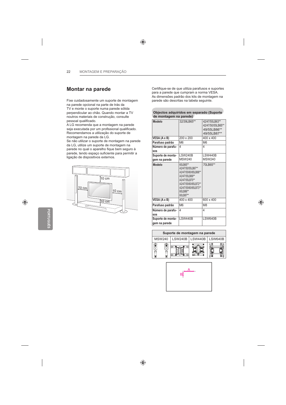 Montar na parede | LG 42LB652V User Manual | Page 242 / 360