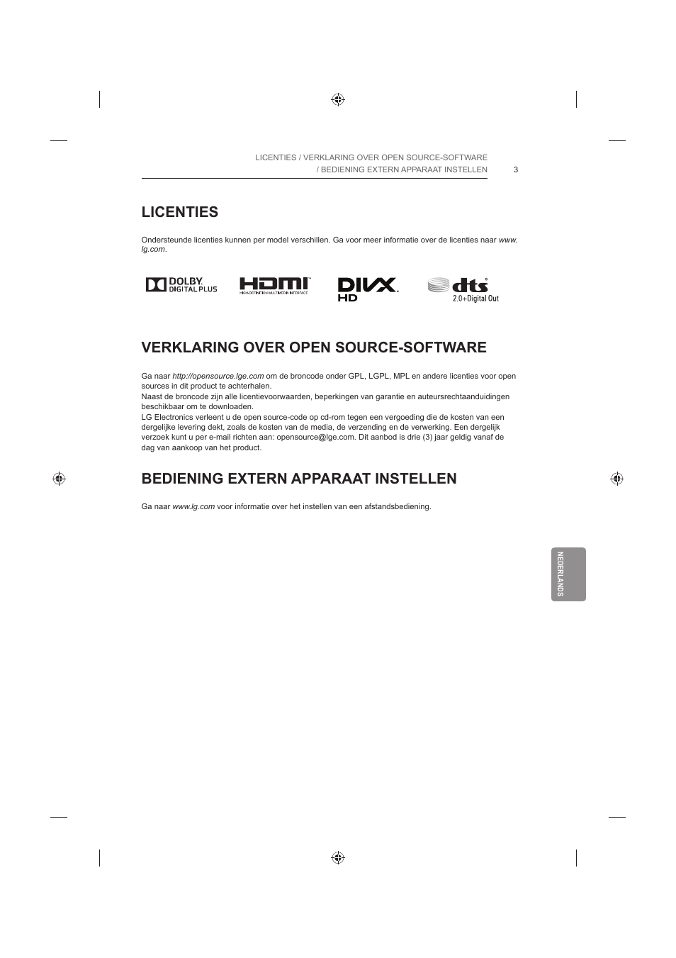 Licenties, Verklaring over open source-software, Bediening extern apparaat instellen | LG 42LB652V User Manual | Page 255 / 360