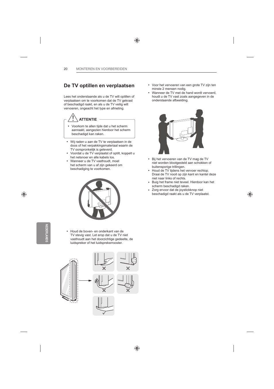 De tv optillen en verplaatsen | LG 42LB652V User Manual | Page 272 / 360