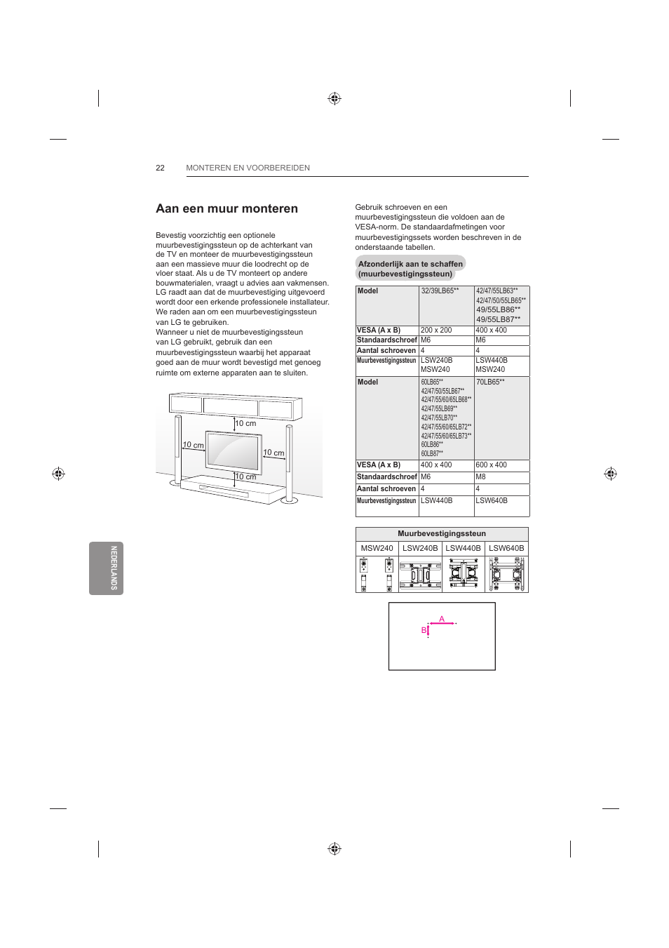 Aan een muur monteren | LG 42LB652V User Manual | Page 274 / 360