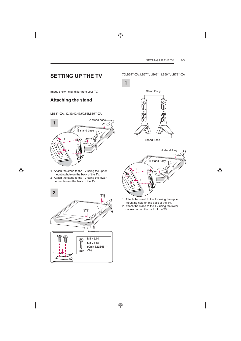 Setting up the tv, Attaching the stand | LG 42LB652V User Manual | Page 3 / 360