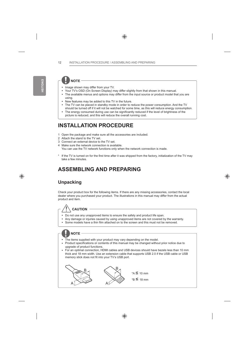 Installation procedure, Assembling and preparing, Unpacking | LG 42LB652V User Manual | Page 60 / 360