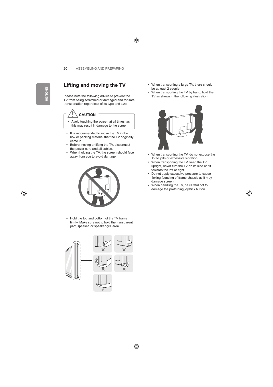 Lifting and moving the tv | LG 42LB652V User Manual | Page 68 / 360