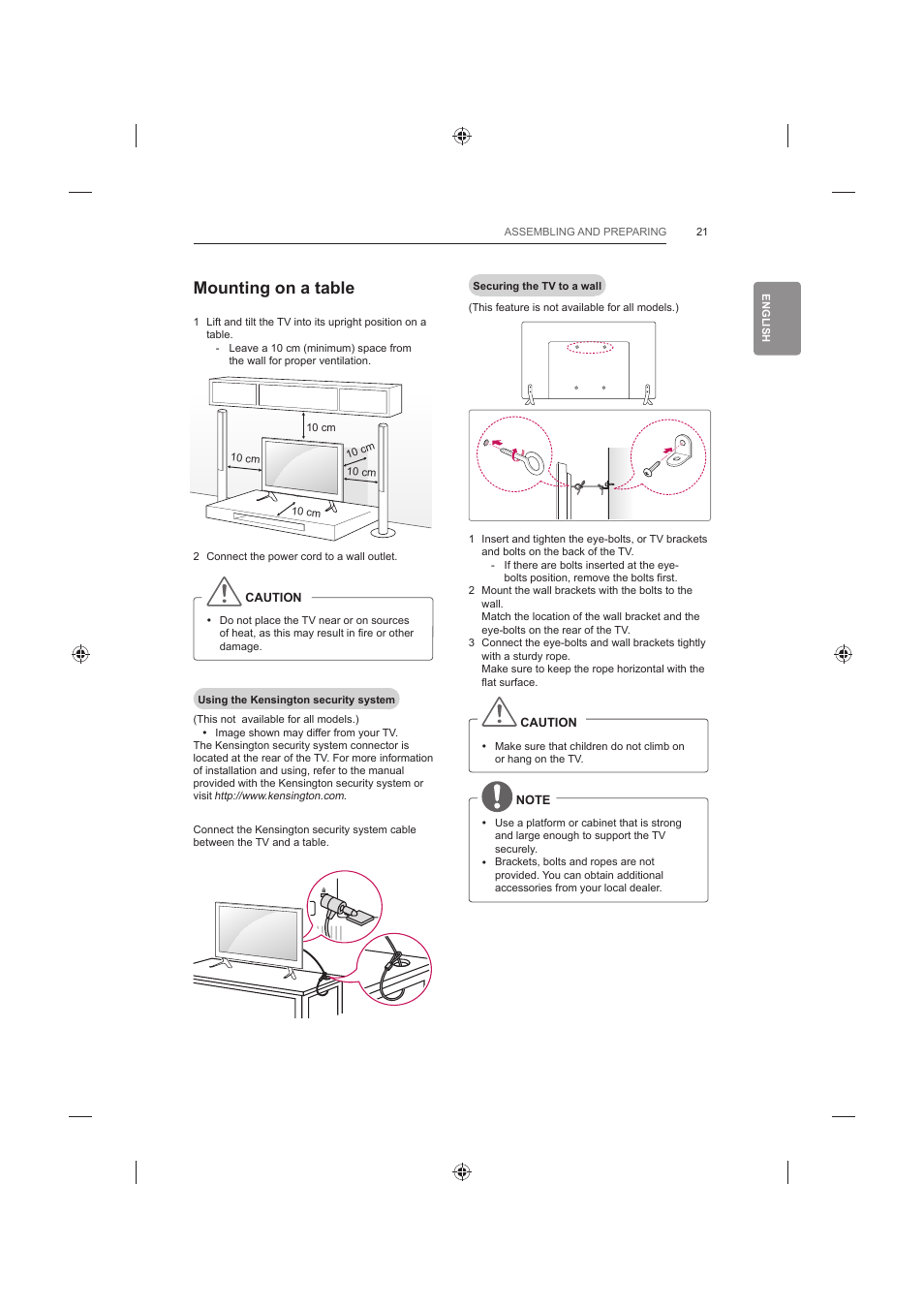 Mounting on a table | LG 42LB652V User Manual | Page 69 / 360