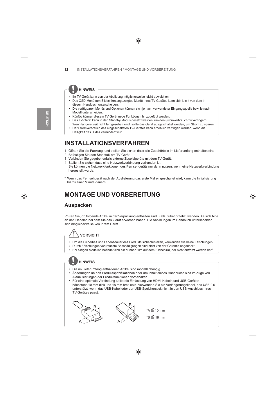 Installationsverfahren, Montage und vorbereitung, Auspacken | LG 42LB652V User Manual | Page 92 / 360