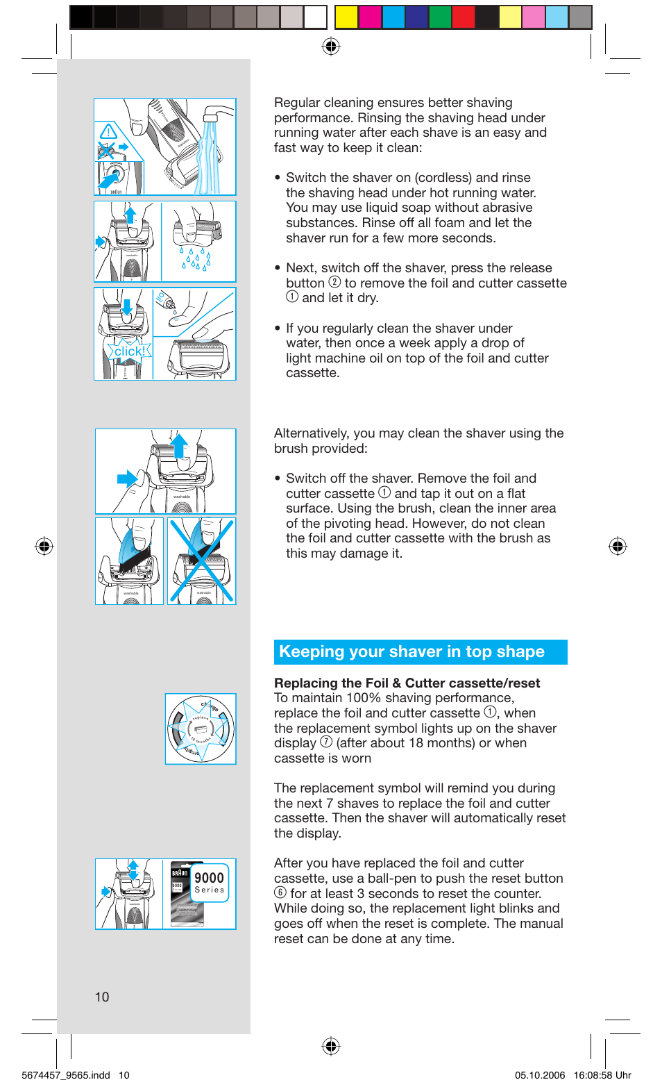 Keeping your shaver in top shape, Click | Braun 9565 Pulsonic User Manual | Page 10 / 59