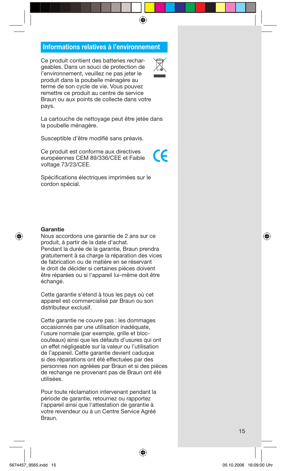 Informations relatives à l’environnement | Braun 9565 Pulsonic User Manual | Page 15 / 59