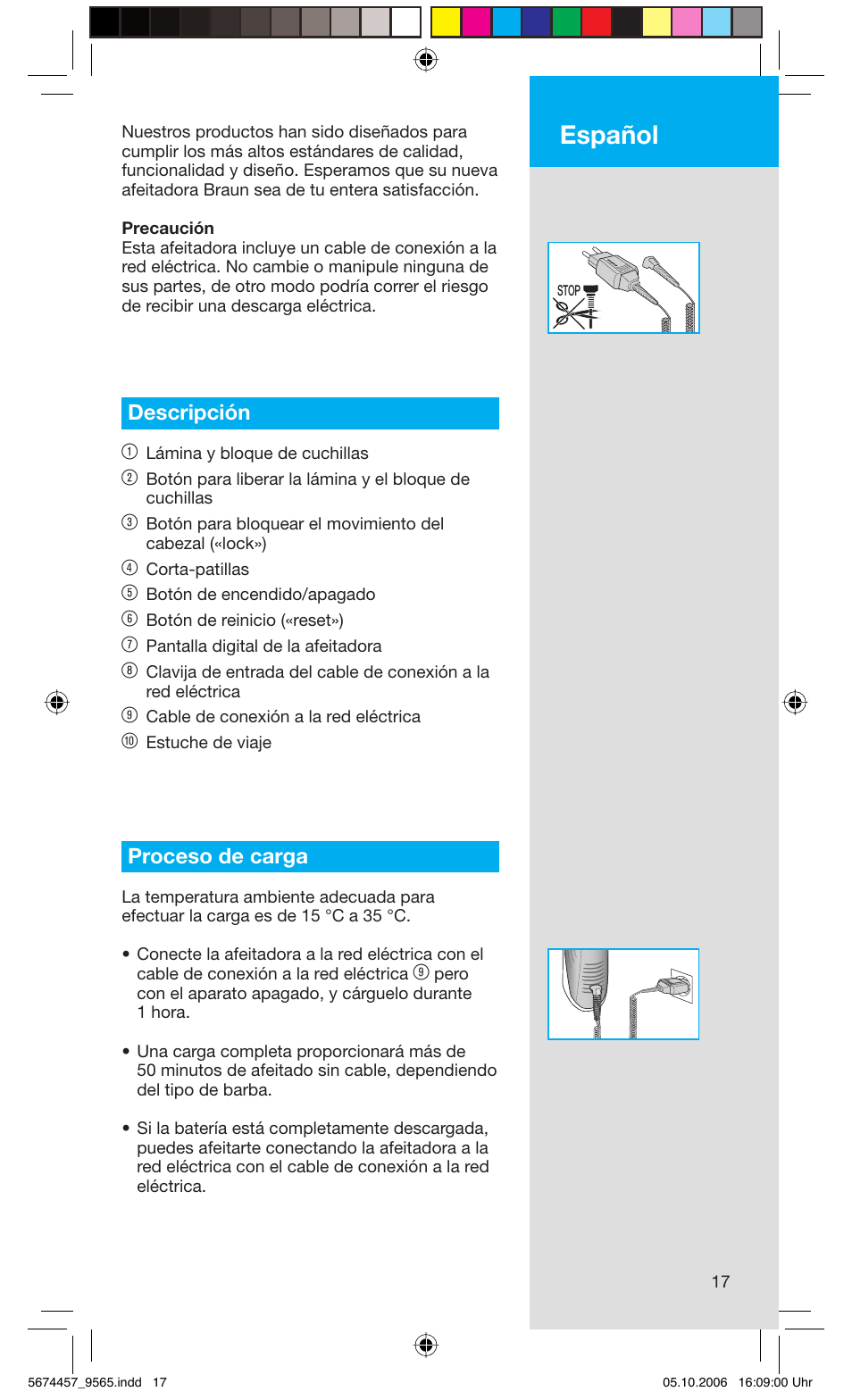 Español, Descripción 1, Proceso de carga | Braun 9565 Pulsonic User Manual | Page 17 / 59