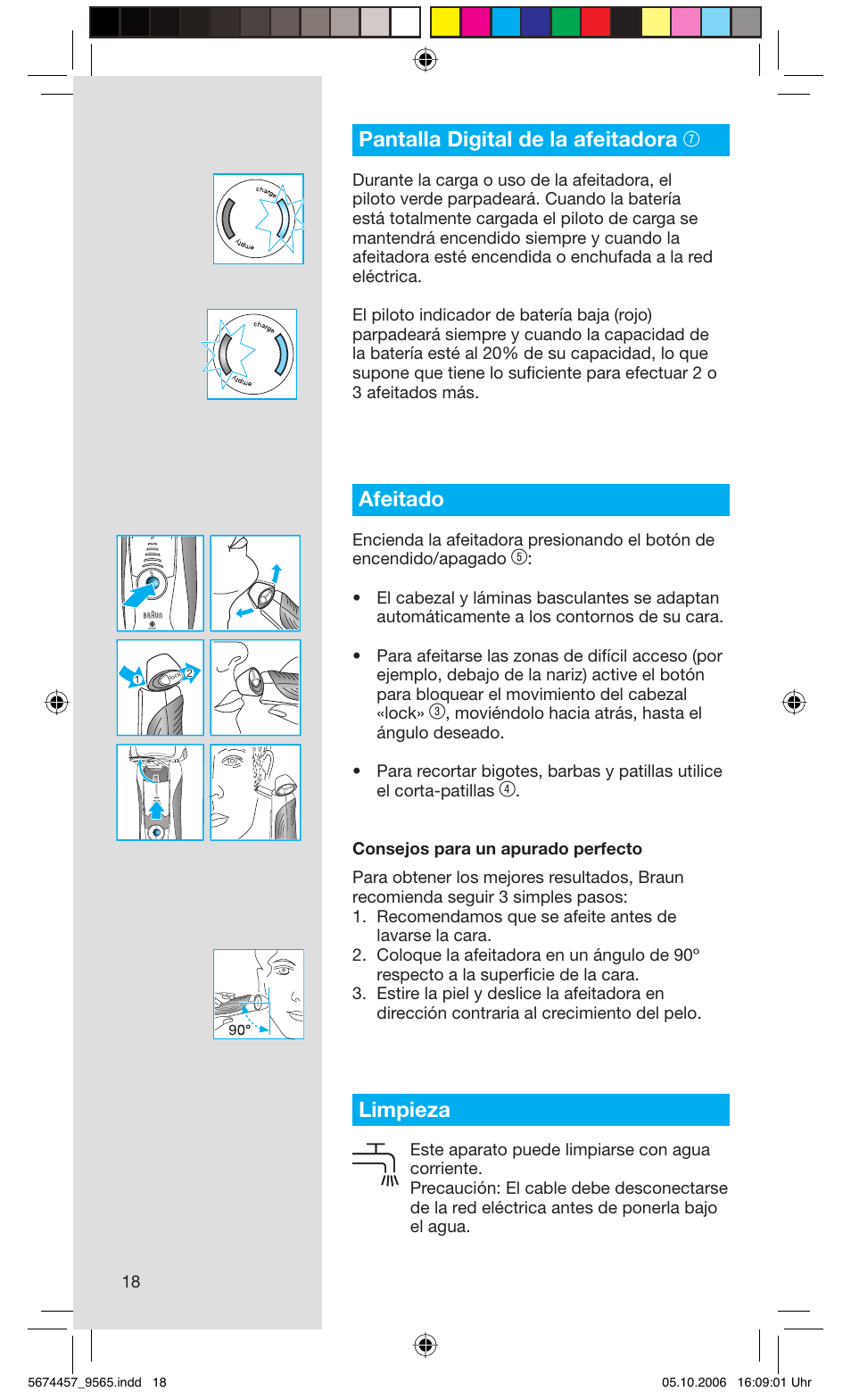 Pantalla digital de la afeitadora 7, Afeitado, Limpieza | Braun 9565 Pulsonic User Manual | Page 18 / 59