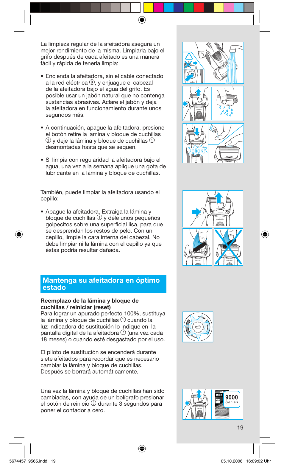Mantenga su afeitadora en óptimo estado, Y deje la lámina y bloque de cuchillas, Durante 3 segundos para poner el contador a cero | Click | Braun 9565 Pulsonic User Manual | Page 19 / 59