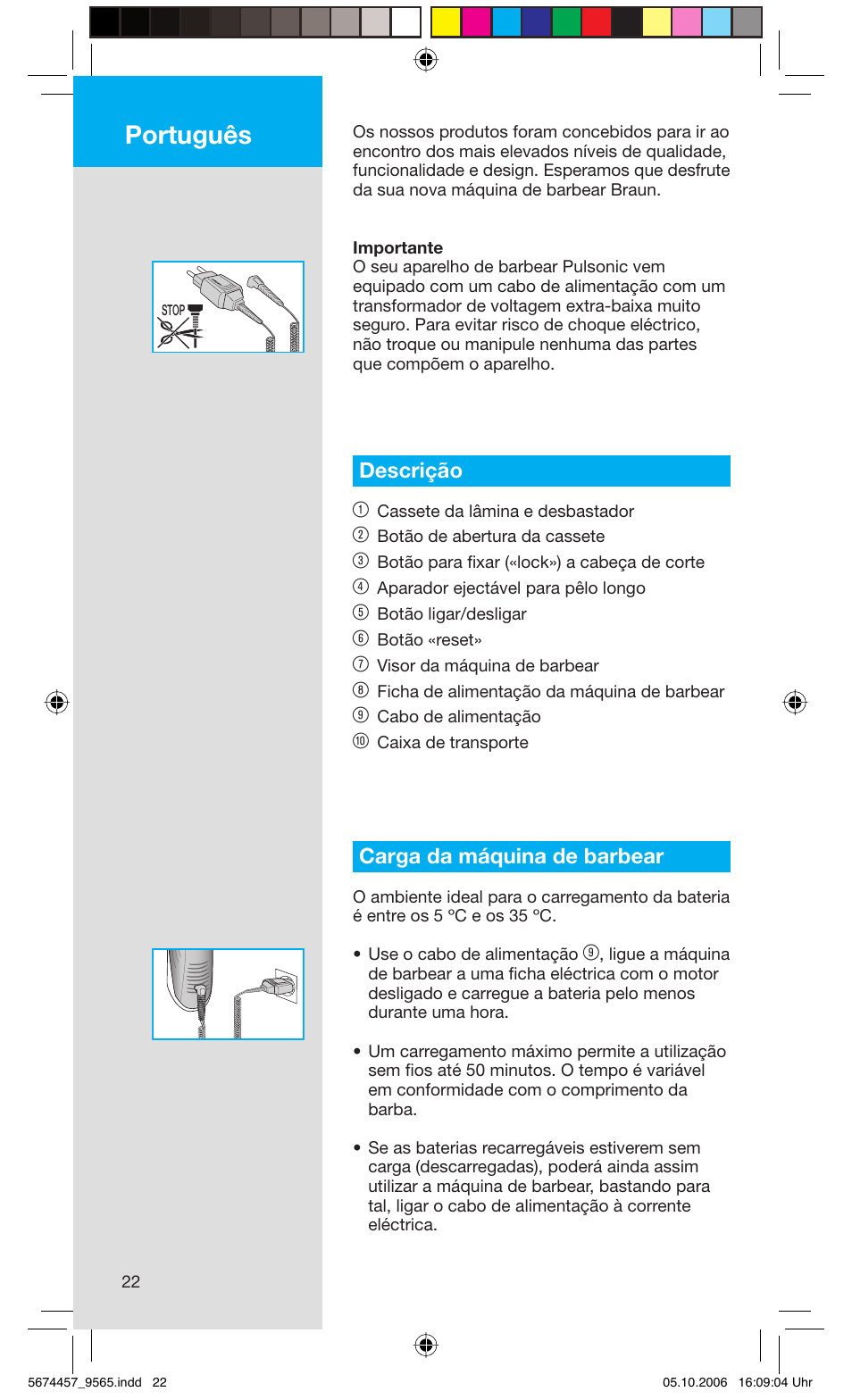 Português, Descrição 1, Carga da máquina de barbear | Braun 9565 Pulsonic User Manual | Page 22 / 59