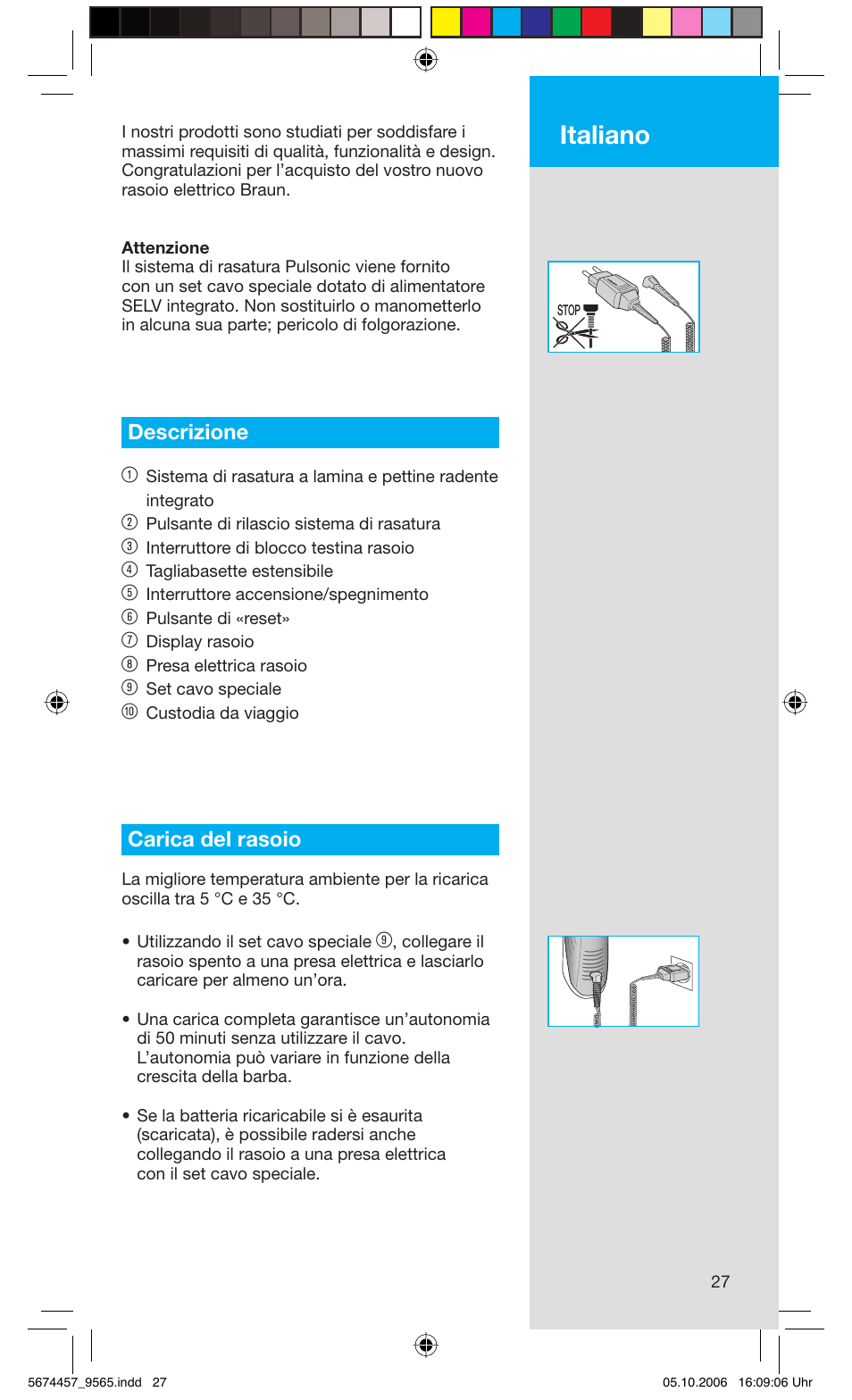 Italiano, Descrizione 1, Carica del rasoio | Braun 9565 Pulsonic User Manual | Page 27 / 59