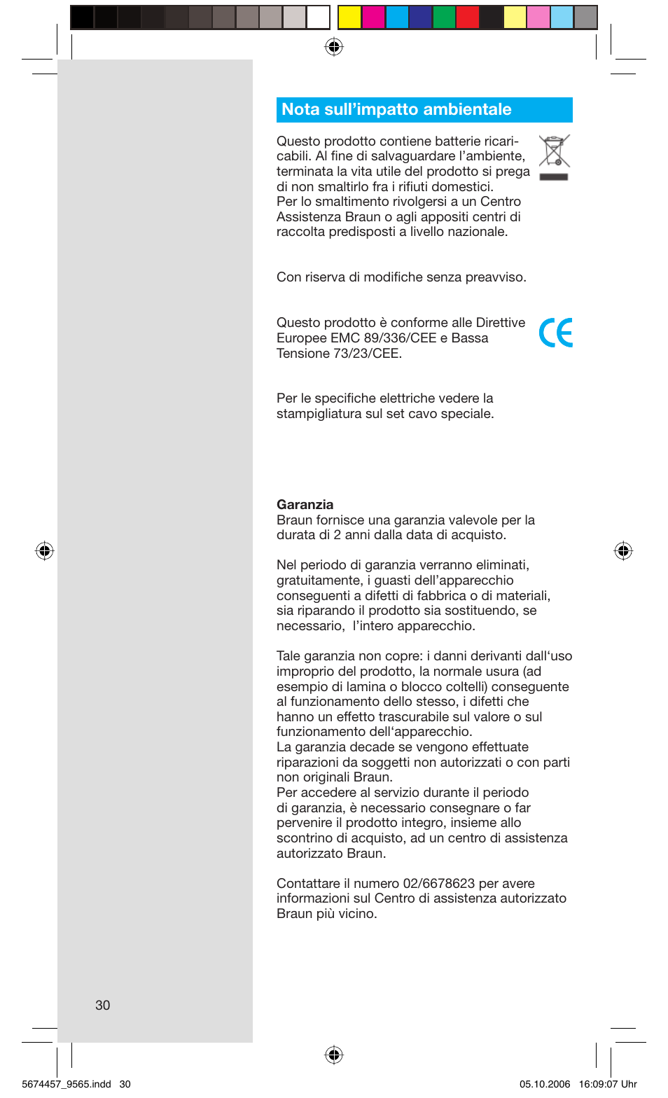 Nota sull’impatto ambientale | Braun 9565 Pulsonic User Manual | Page 30 / 59