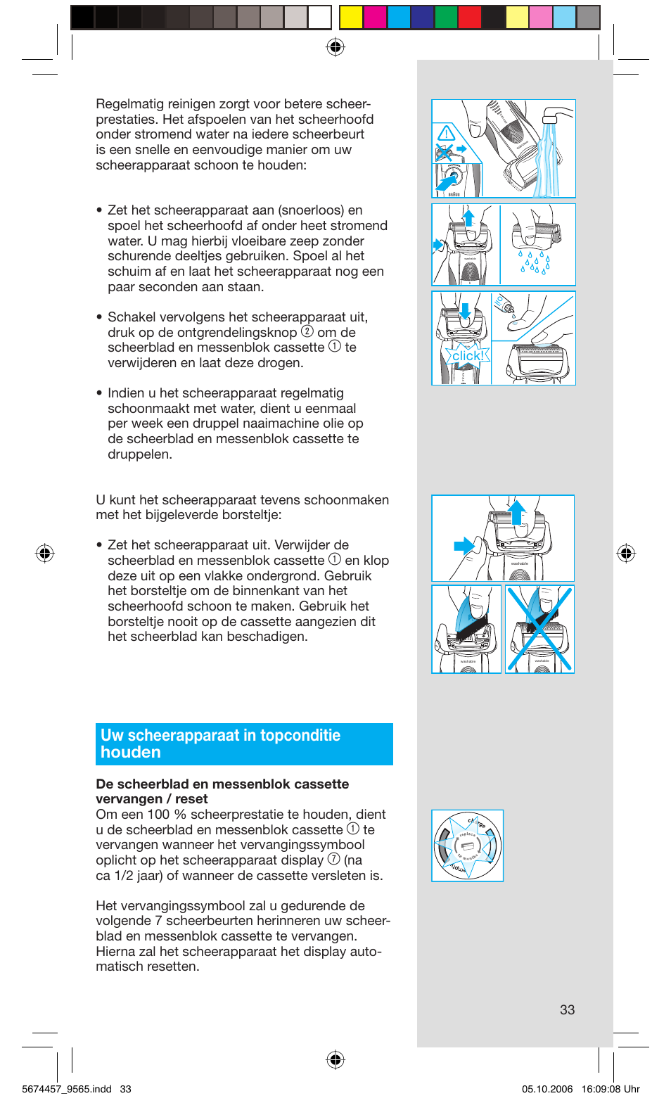 Uw scheerapparaat in topconditie houden, Om de scheerblad en messenblok cassette, Click | Braun 9565 Pulsonic User Manual | Page 33 / 59