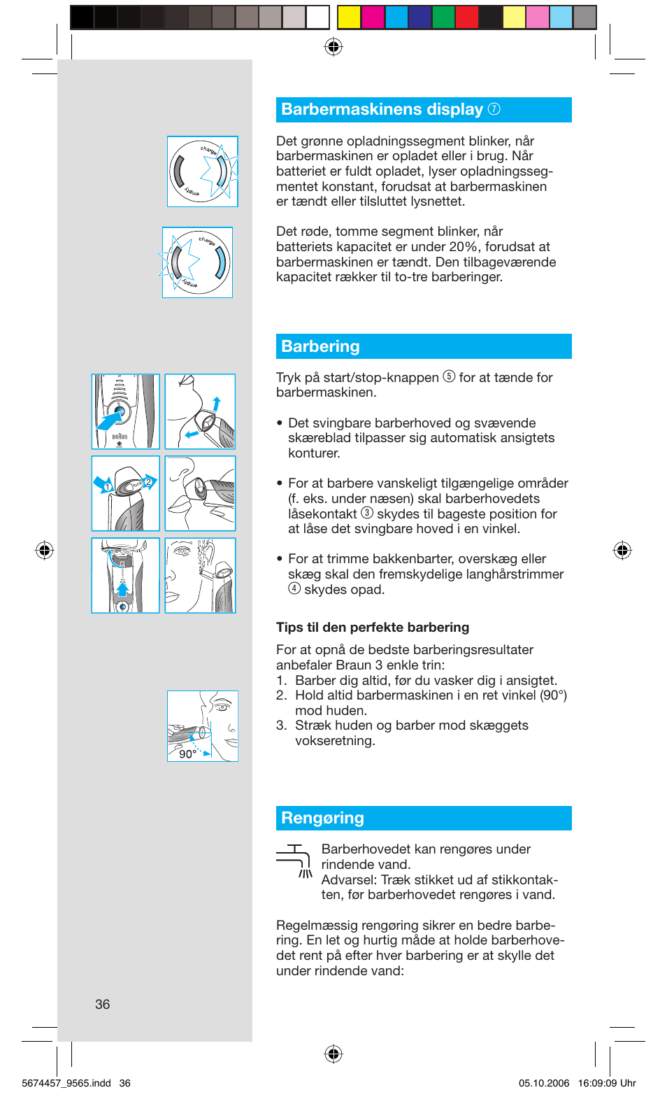 Barbermaskinens display 7, Barbering, Rengøring | Tryk på start/stop-knappen | Braun 9565 Pulsonic User Manual | Page 36 / 59