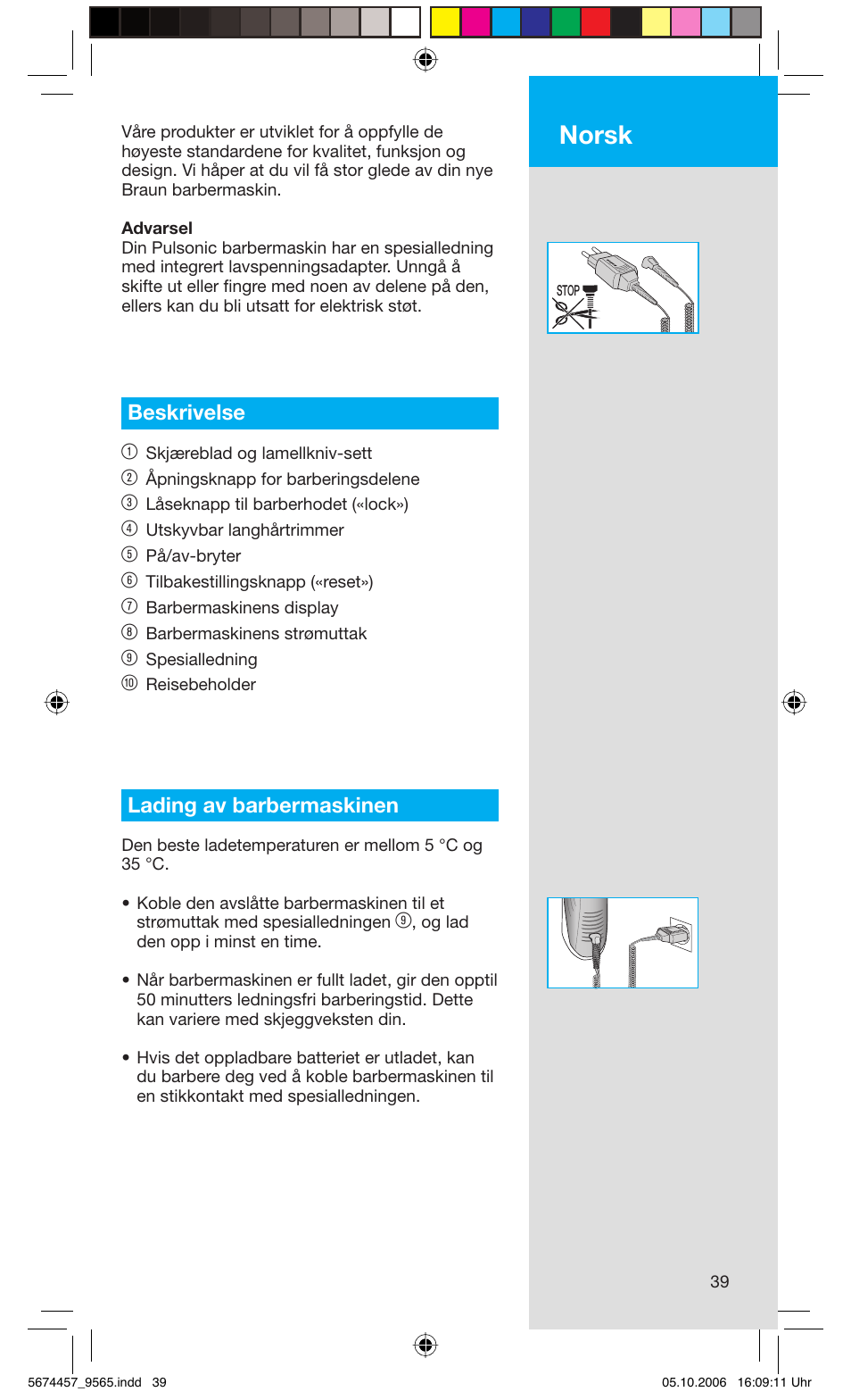 Norsk, Beskrivelse 1, Lading av barbermaskinen | Braun 9565 Pulsonic User Manual | Page 39 / 59