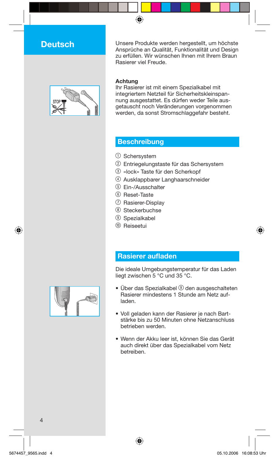 Deutsch, Beschreibung 1, Rasierer aufl aden | Braun 9565 Pulsonic User Manual | Page 4 / 59