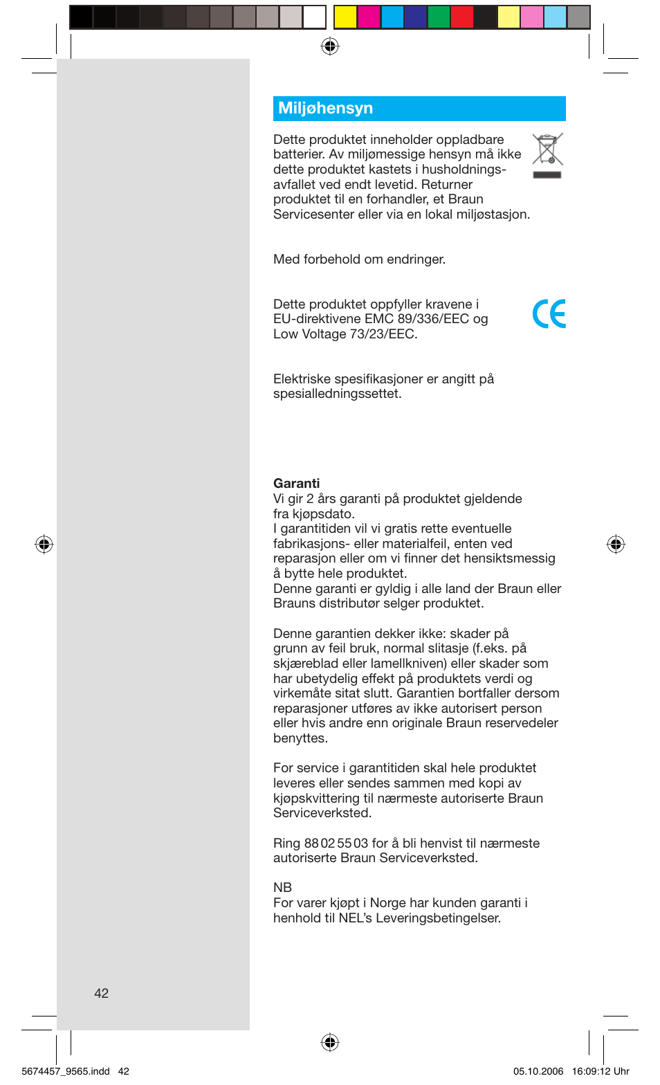 Miljøhensyn | Braun 9565 Pulsonic User Manual | Page 42 / 59