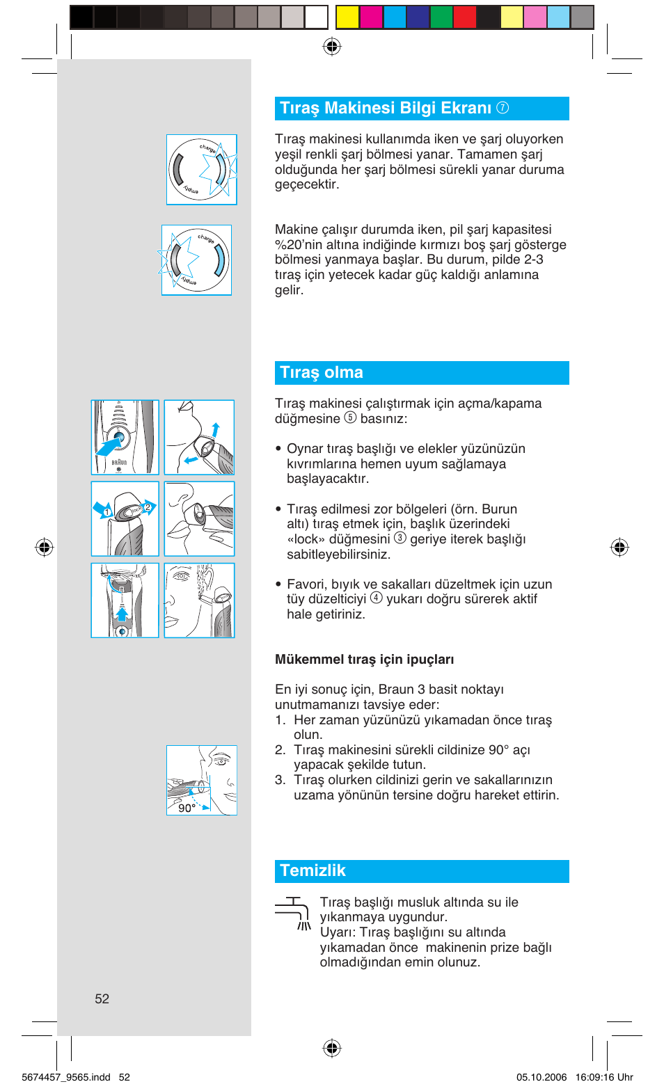 Tıraş makinesi bilgi ekranı 7, Tıraş olma, Temizlik | Braun 9565 Pulsonic User Manual | Page 52 / 59