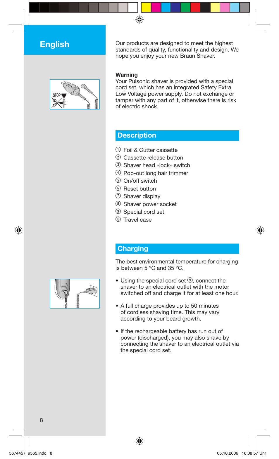 English, Description 1, Charging | Braun 9565 Pulsonic User Manual | Page 8 / 59