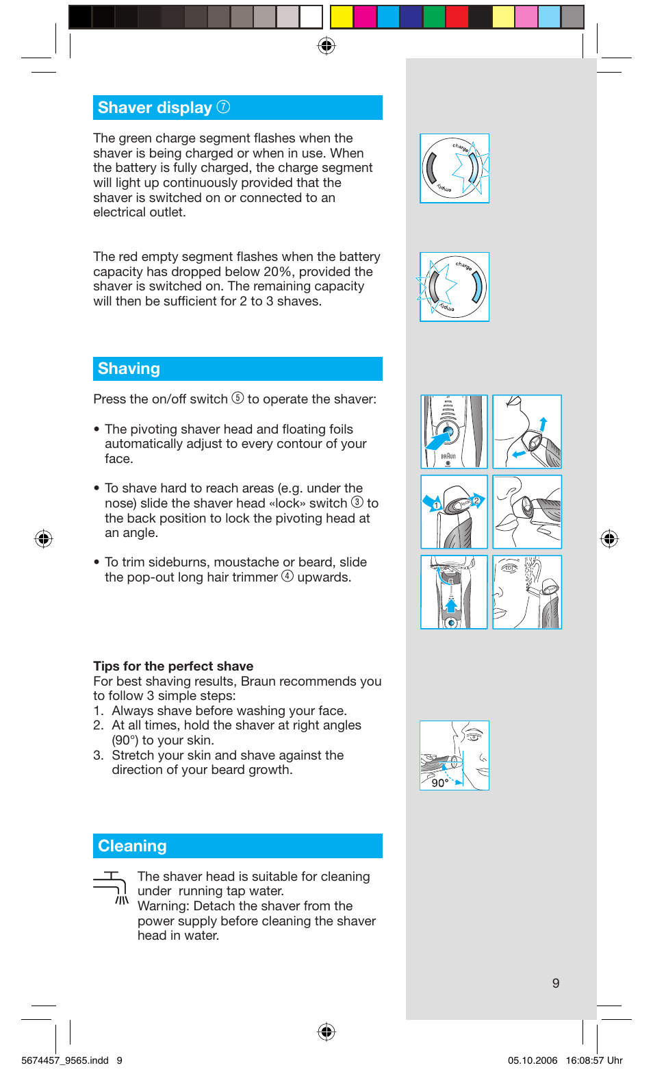 Shaver display, Shaving, Cleaning | Press the on/off switch | Braun 9565 Pulsonic User Manual | Page 9 / 59