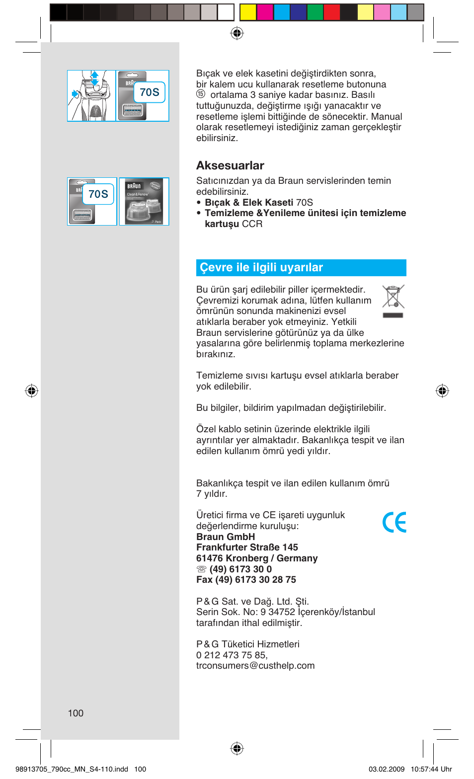 Aksesuarlar, Çevre ile ilgili uyarılar | Braun 790cc-5692 Series 7 User Manual | Page 100 / 109