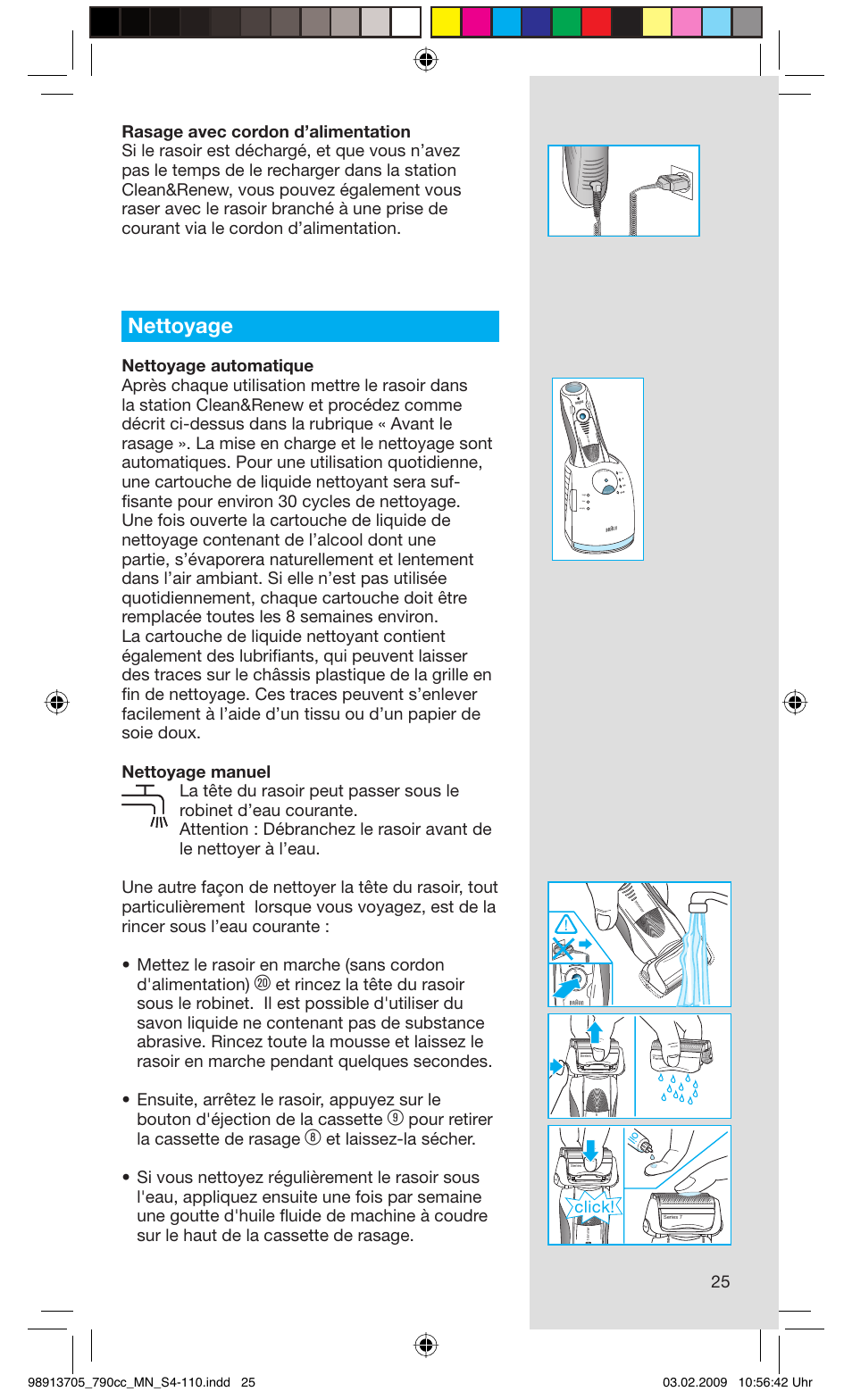 Nettoyage, Pour retirer la cassette de rasage, Click | Rese t | Braun 790cc-5692 Series 7 User Manual | Page 25 / 109