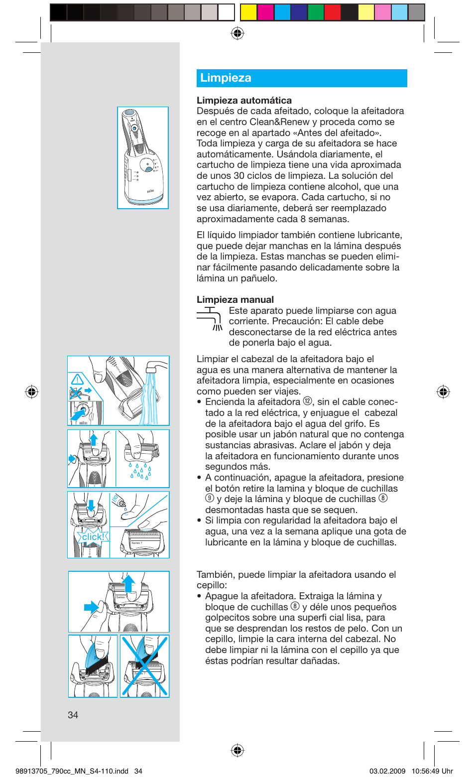 Limpieza, Y deje la lámina y bloque de cuchillas, Click | Rese t | Braun 790cc-5692 Series 7 User Manual | Page 34 / 109