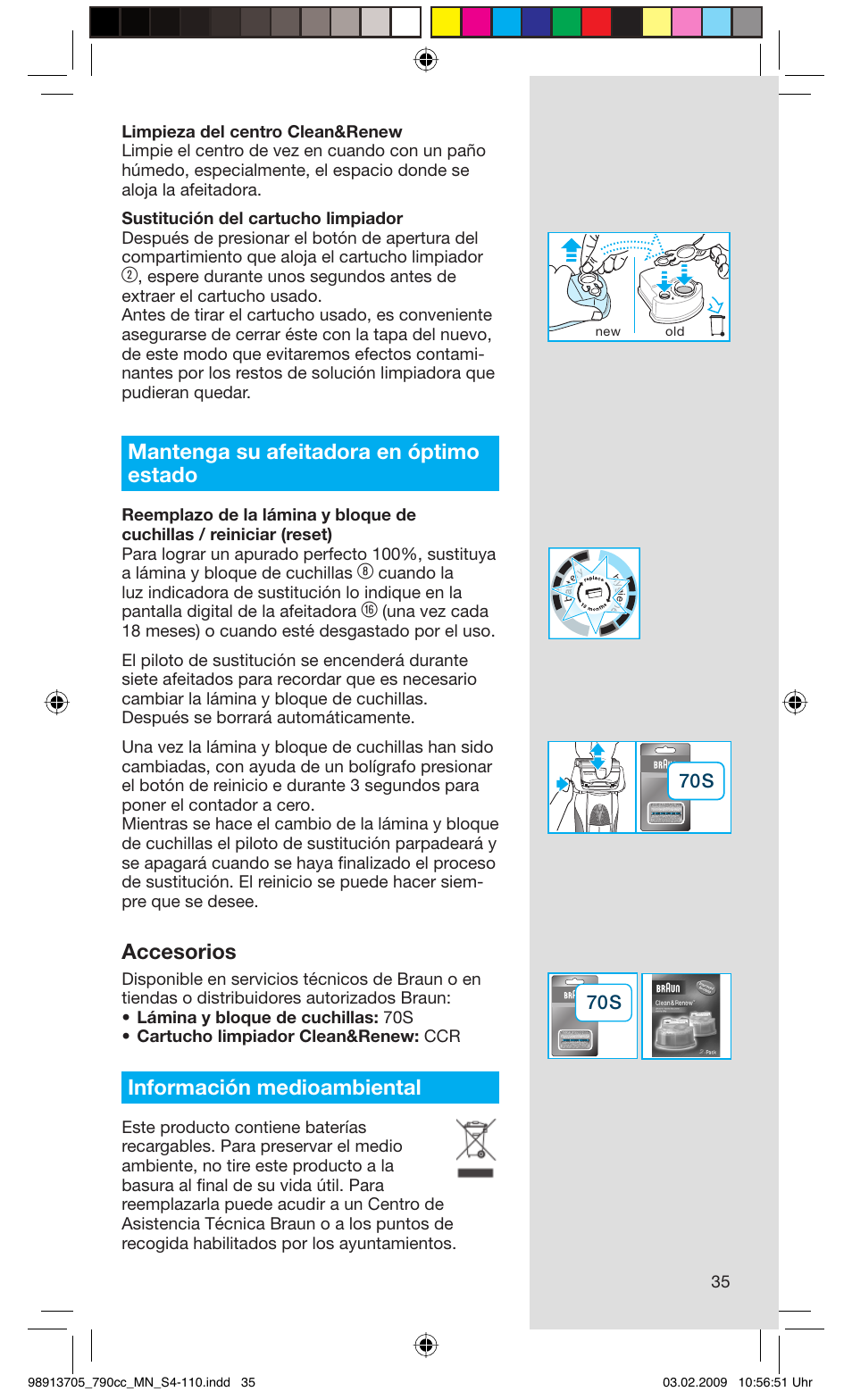 Mantenga su afeitadora en óptimo estado, Accesorios, Información medioambiental | Braun 790cc-5692 Series 7 User Manual | Page 35 / 109