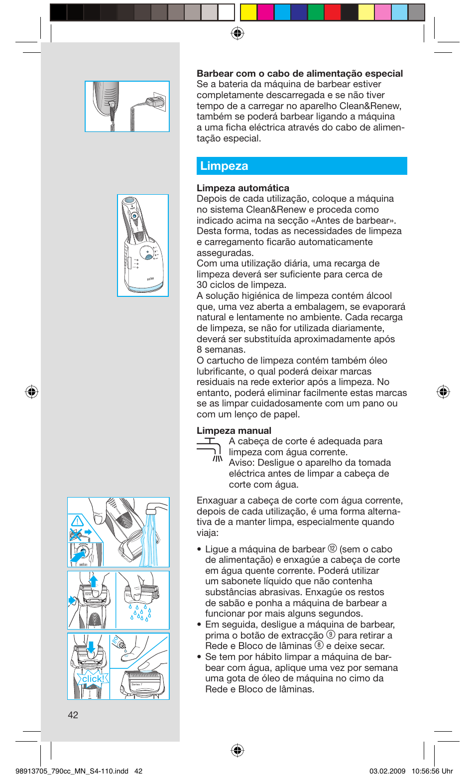 Limpeza, Para retirar a rede e bloco de lâminas, Click | Rese t | Braun 790cc-5692 Series 7 User Manual | Page 42 / 109