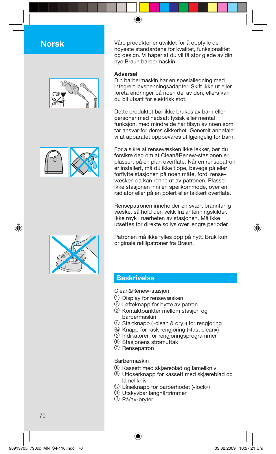 Norsk, Beskrivelse | Braun 790cc-5692 Series 7 User Manual | Page 70 / 109