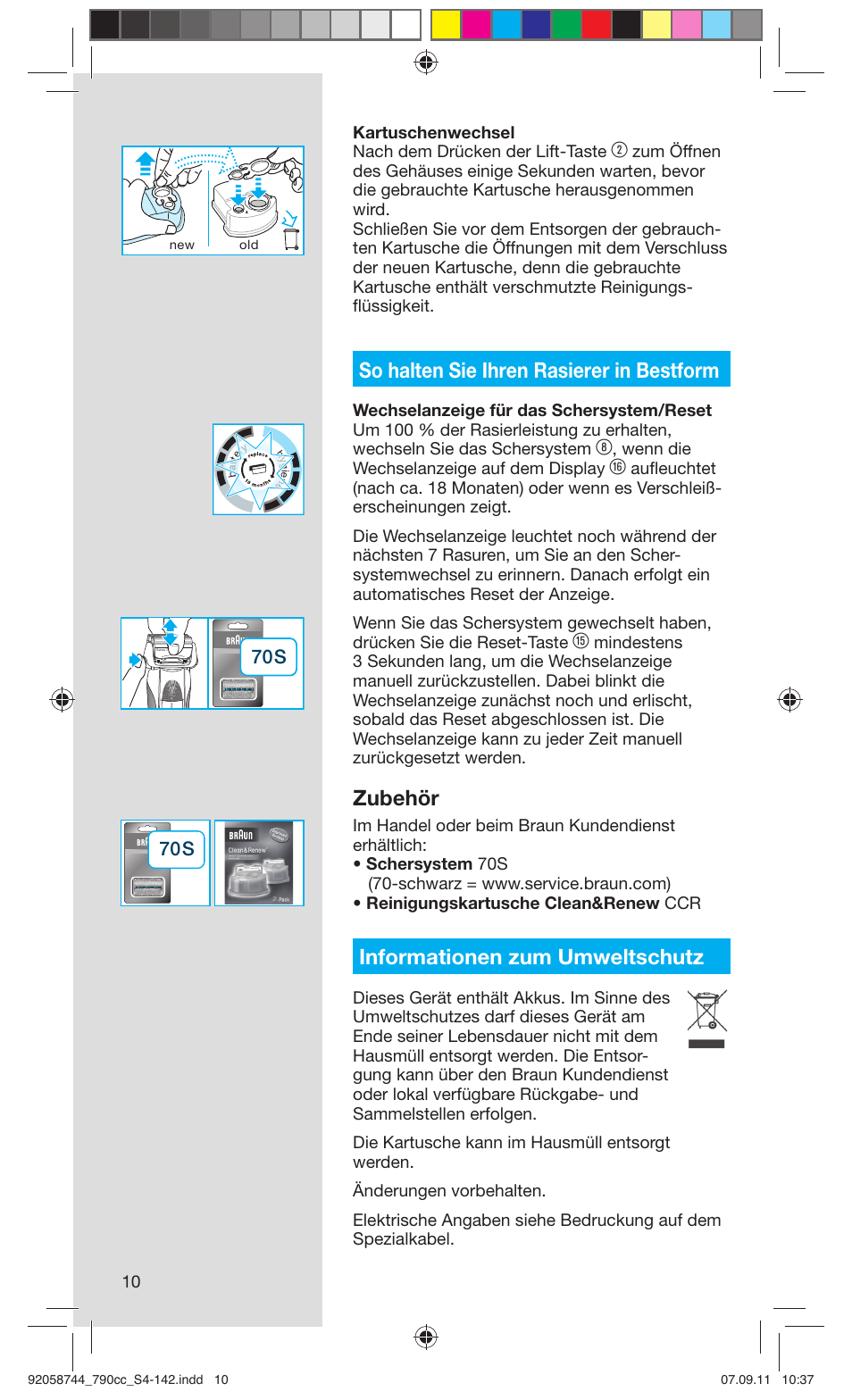 So halten sie ihren rasierer in bestform, Zubehör, Informationen zum umweltschutz | Braun 790cc-4 Series 7 User Manual | Page 10 / 140