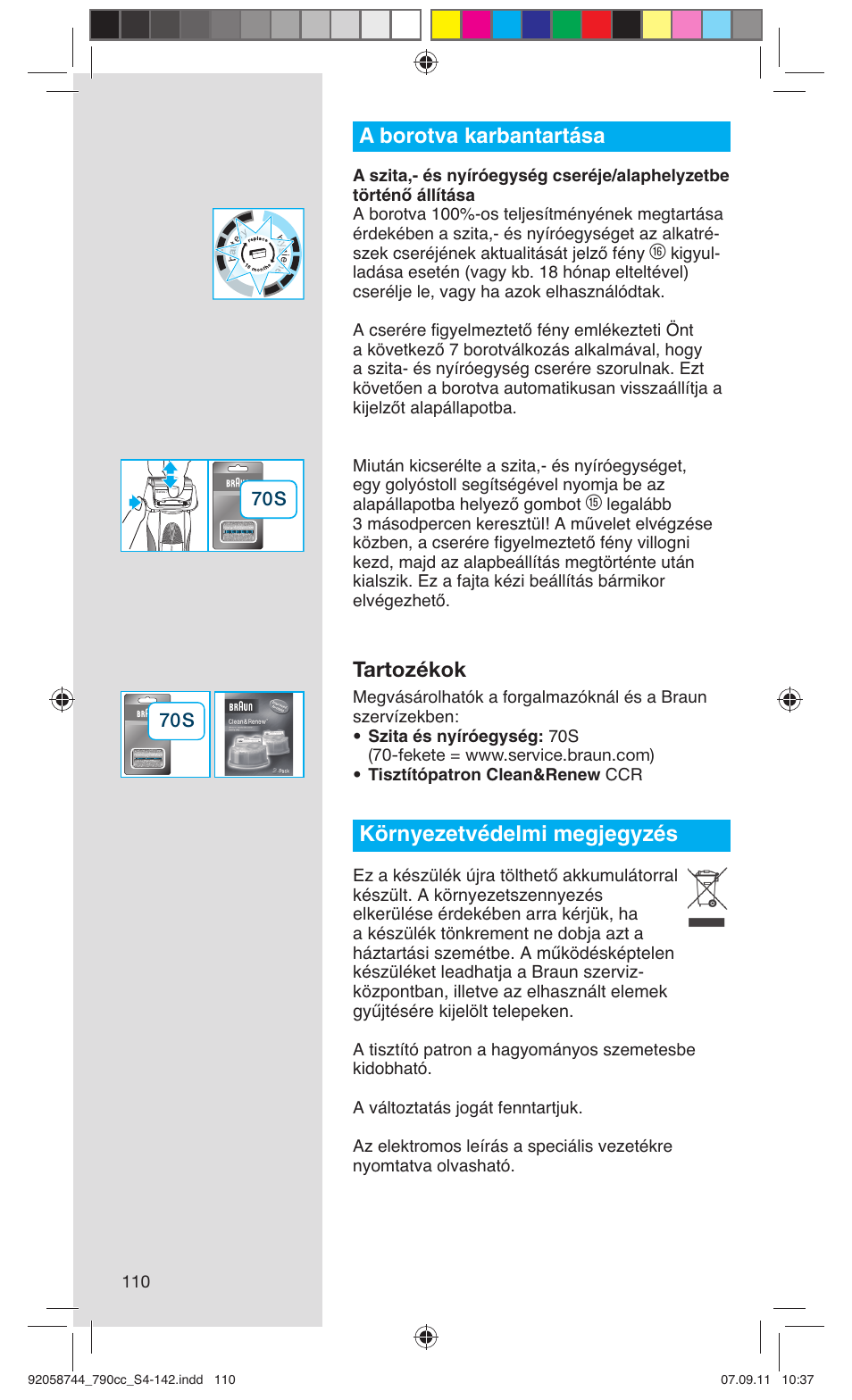 A borotva karbantartása, Tartozékok, Környezetvédelmi megjegyzés | Braun 790cc-4 Series 7 User Manual | Page 110 / 140