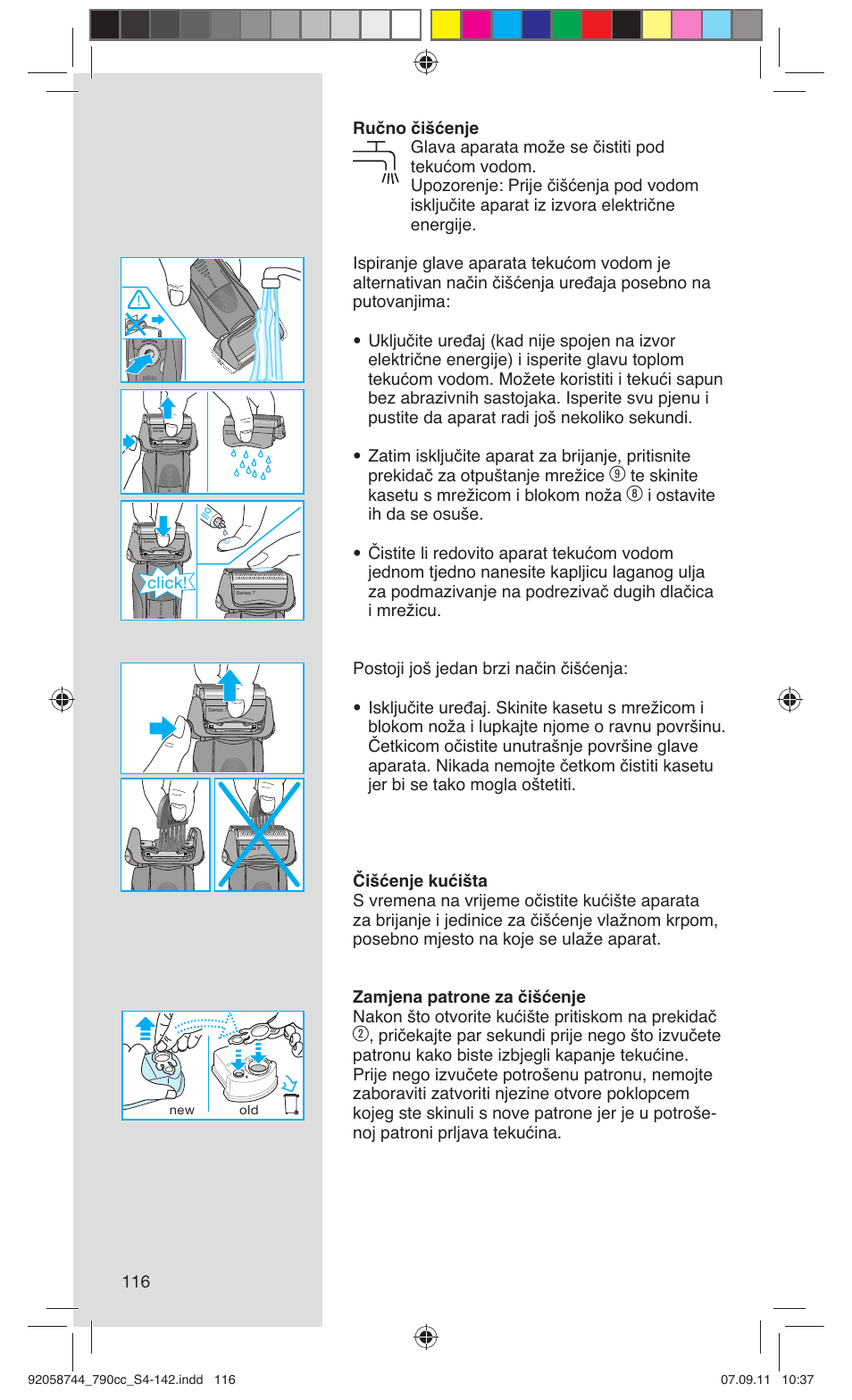 Te skinite kasetu s mrežicom i blokom noža, Click | Braun 790cc-4 Series 7 User Manual | Page 116 / 140