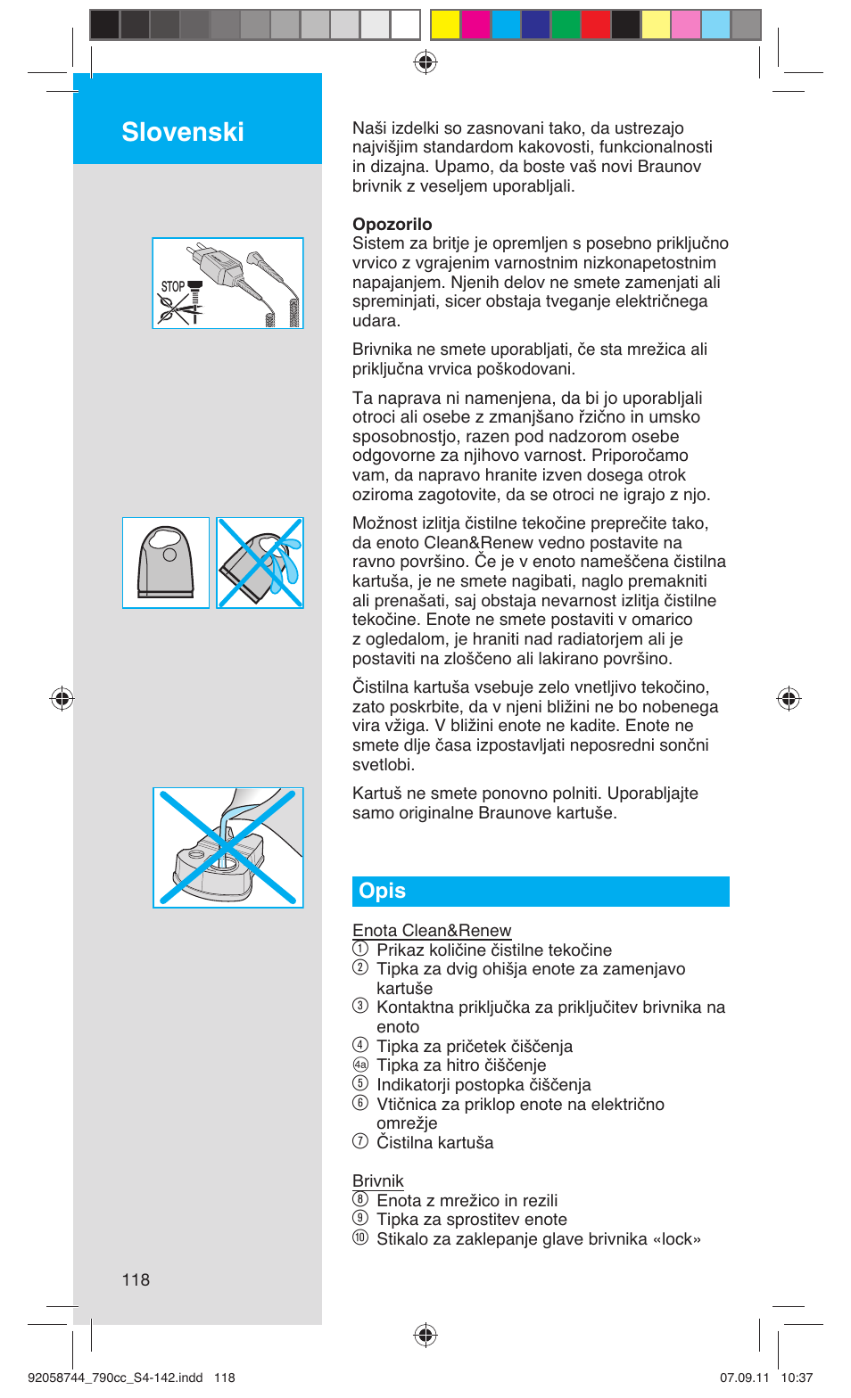 Slovenski, Opis | Braun 790cc-4 Series 7 User Manual | Page 118 / 140