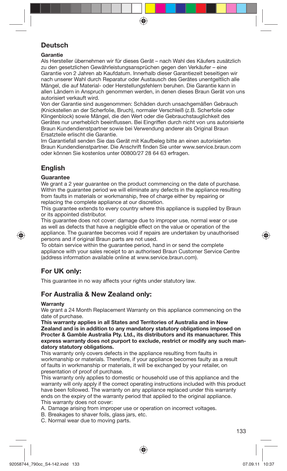 Deutsch, English, For uk only | For australia & new zealand only | Braun 790cc-4 Series 7 User Manual | Page 133 / 140