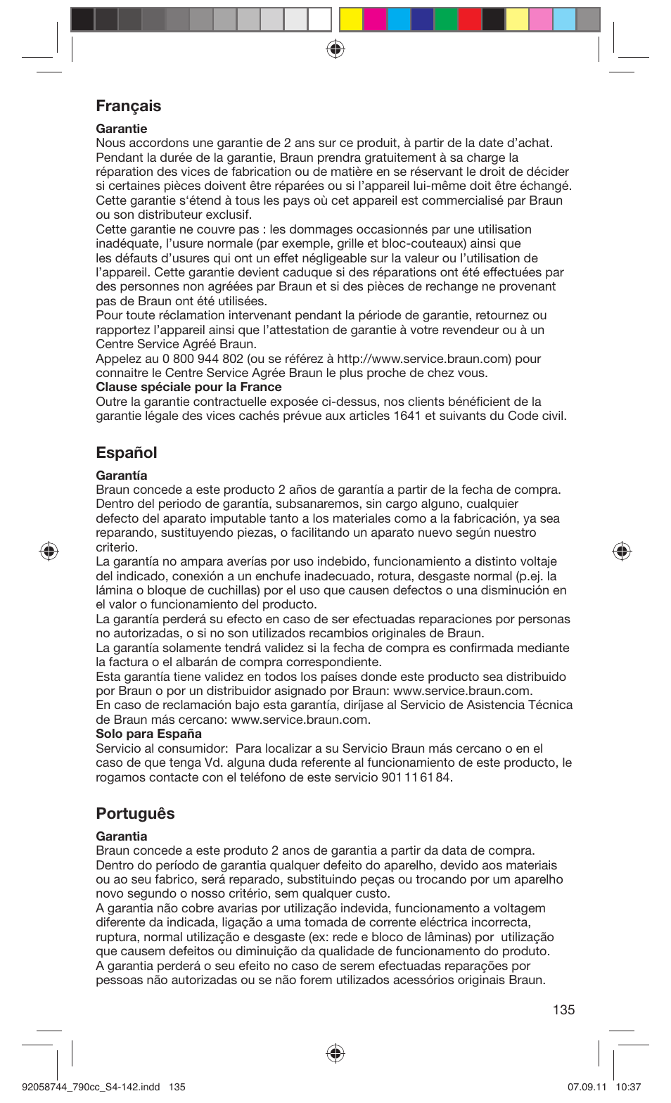 Français, Español, Português | Braun 790cc-4 Series 7 User Manual | Page 135 / 140