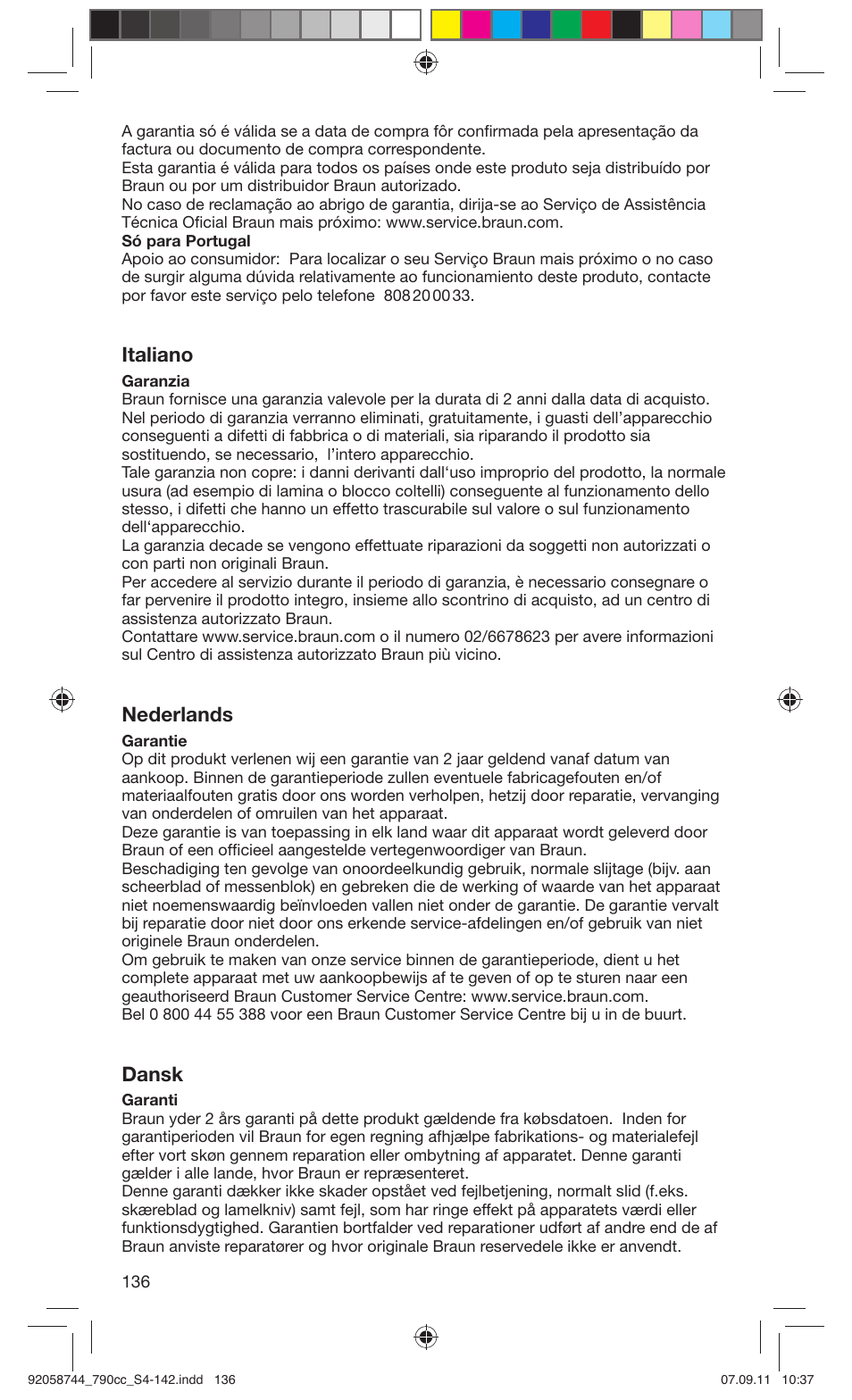 Italiano, Nederlands, Dansk | Braun 790cc-4 Series 7 User Manual | Page 136 / 140