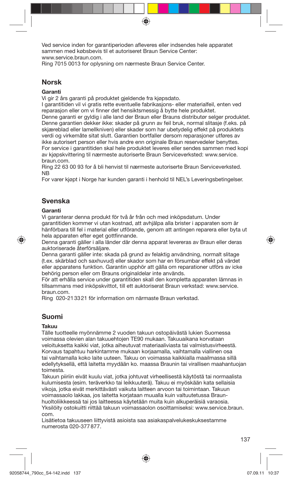 Norsk, Svenska, Suomi | Braun 790cc-4 Series 7 User Manual | Page 137 / 140